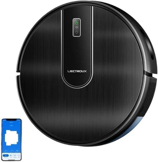 Black Orazum Robot Vacuum with LIECTROUX branding on a white background