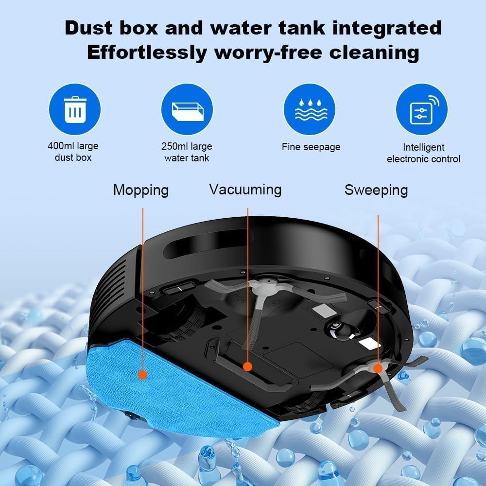 Orazum Robot Vacuum with integrated dust box and water tank on a blue background