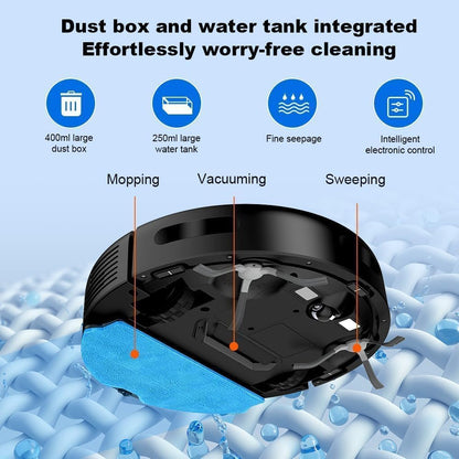 Orazum Robot Vacuum with integrated dust box and water tank on a blue background