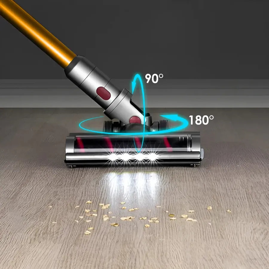 Orazum Vacuum Cleaner head cleaning a wooden floor with labeled angles.
