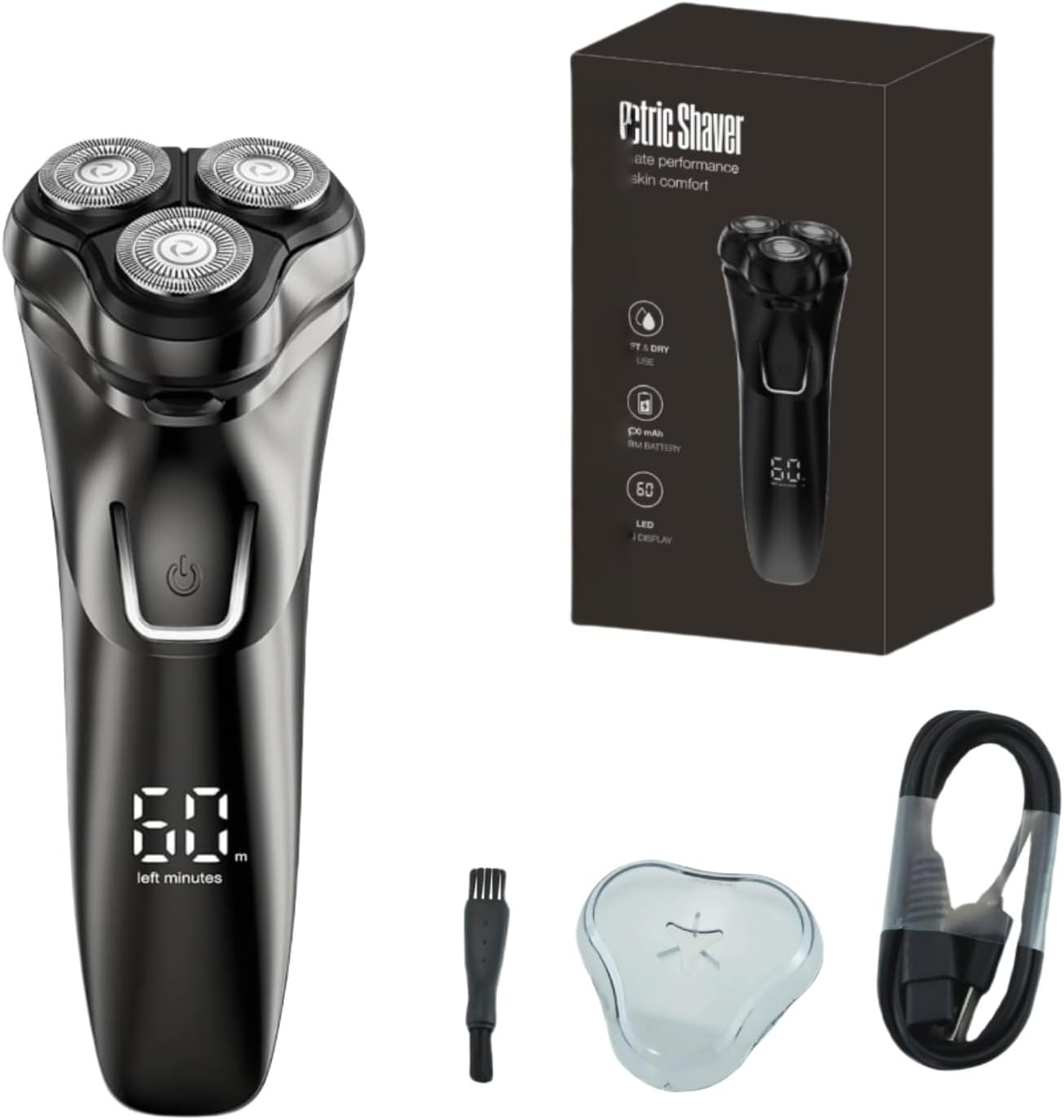 Black Oreliom ProCut Electric Shaver with packaging, accessories, and charging cable on a white background