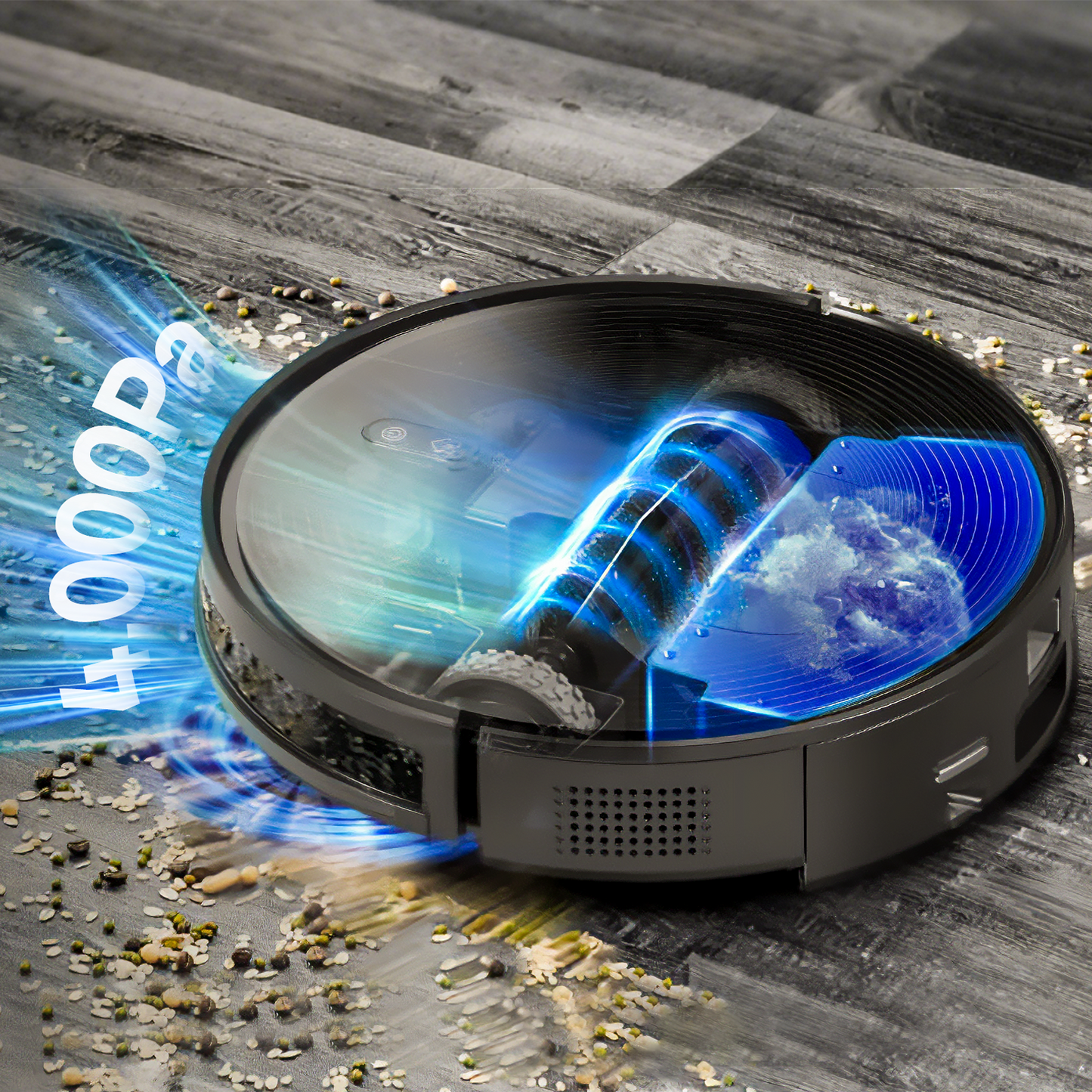 Oreliom Robot Vacuum on a wooden floor with cleaning action highlighted