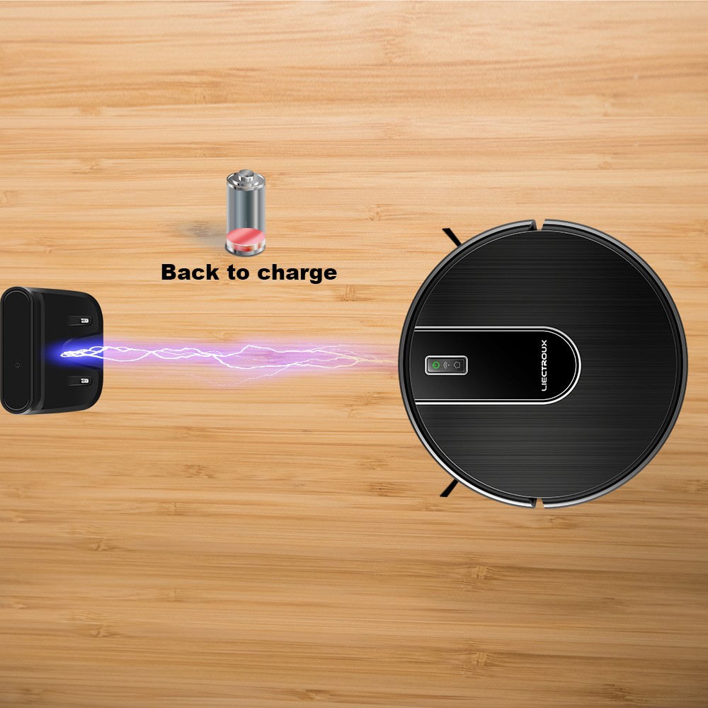 Oreliom Robot Vacuum on a wooden floor with charging station and battery icon.