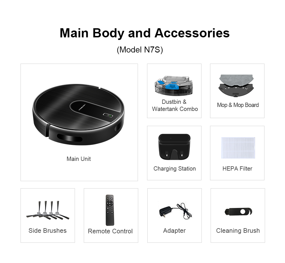 List of Oreliom Robot Vacuum components including main unit, dustbin & water tank combo, mop & mop board, charging station, HEPA filter, side brushes, remote control, adapter, and cleaning brush.