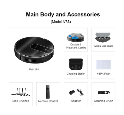 List of Oreliom Robot Vacuum components including main unit, dustbin & water tank combo, mop & mop board, charging station, HEPA filter, side brushes, remote control, adapter, and cleaning brush.