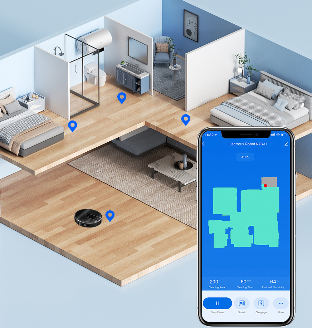 Smart home Oreliom Robot Vacuum on a floor plan with a smartphone app displaying navigation.
