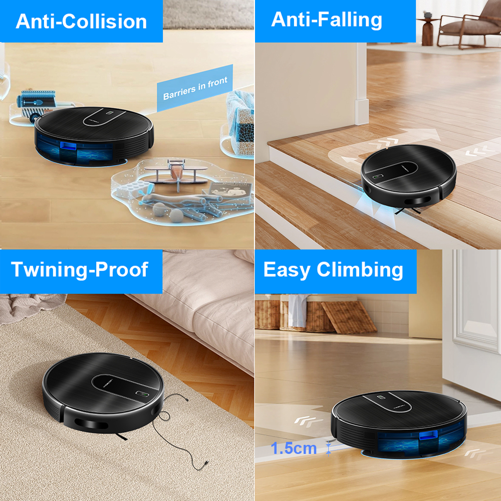 Collage of a Oreliom Robot Vacuum  demonstrating features like anti-collision, anti-falling, twining-proof, and easy climbing in different settings.