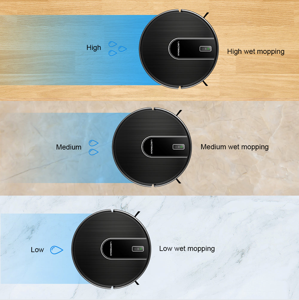 Oreliom Robot Vacuum on different floor types with labeled wet mopping levels.