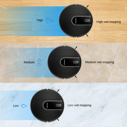 Oreliom Robot Vacuum on different floor types with labeled wet mopping levels.