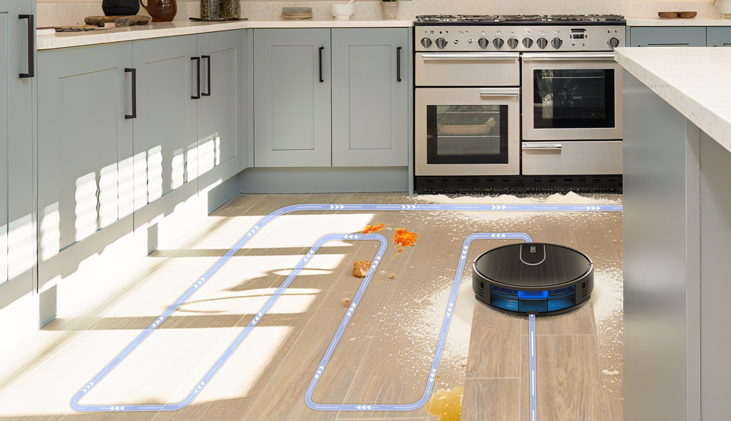 Oreliom Robot Vacuum cleaning a kitchen floor with a modern oven in the background.