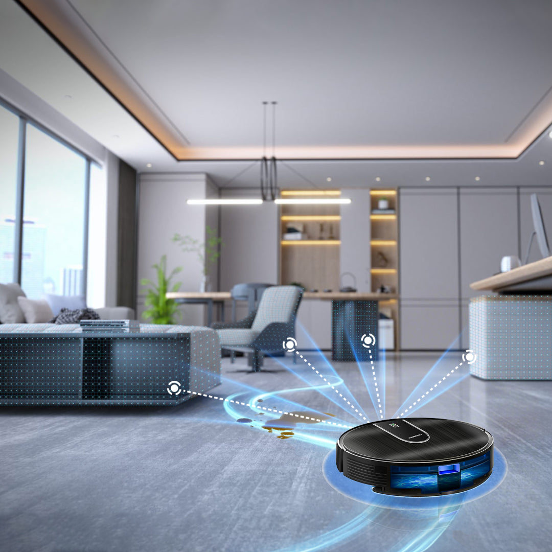 Oreliom Robot Vacuum in a modern living room with smart mapping technology displayed.