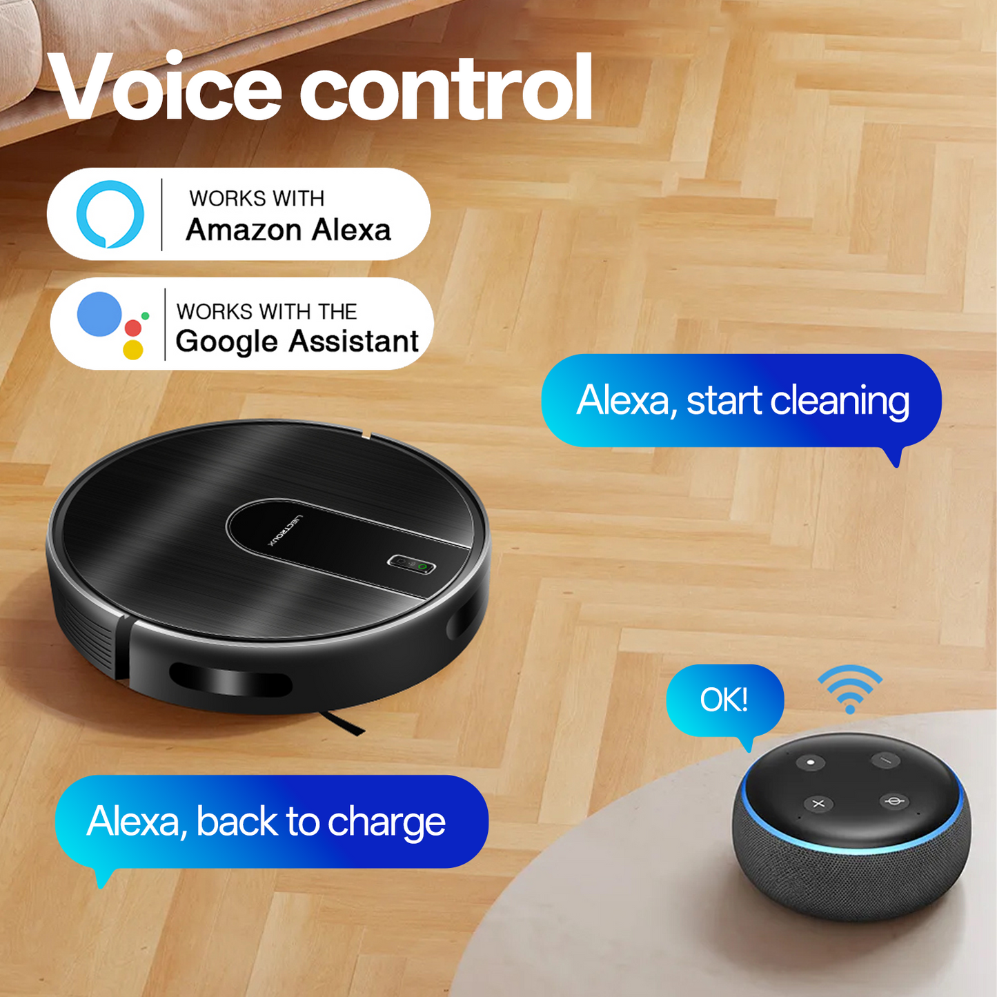 Oreliom Robot Vacuum with voice control features on a wooden floor.