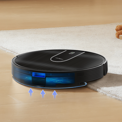 Oreliom Robot Vacuum on a wooden floor with a rug