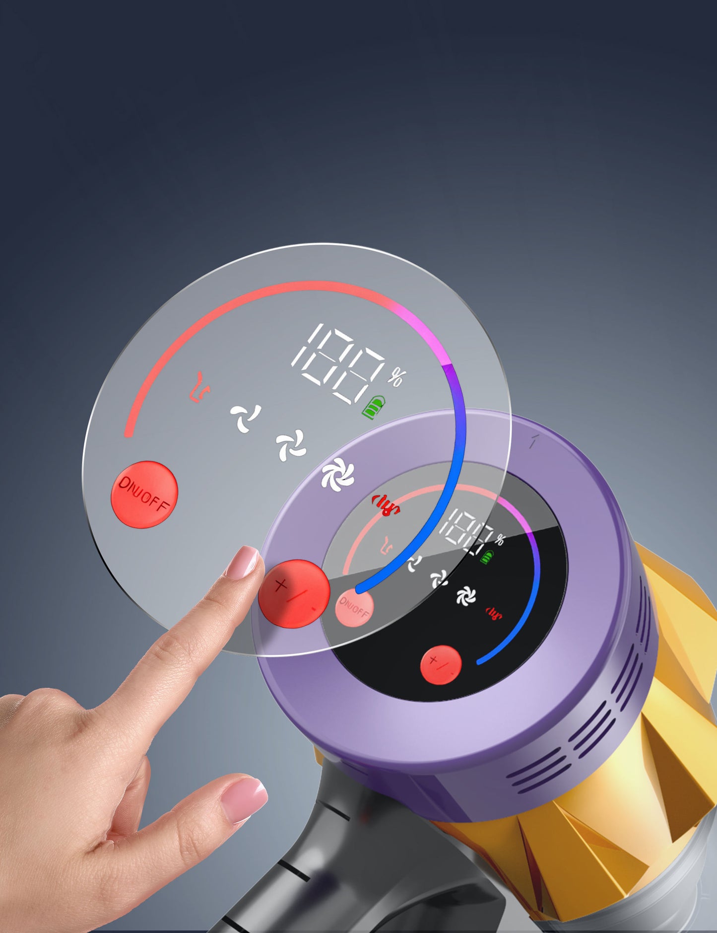 Hand pressing a button on a purple electronic device with a digital display.