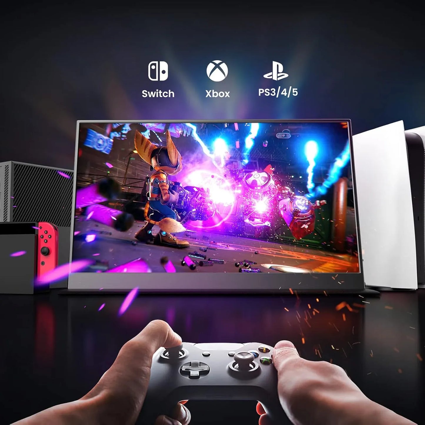 A large wall-mounted gaming monitor displaying a colorful video game scene, with a person's hands holding a black game controller in the foreground. PlayStation and Xbox logos are shown above the screen, along with Nintendo Switch and PS4/PS5 references.