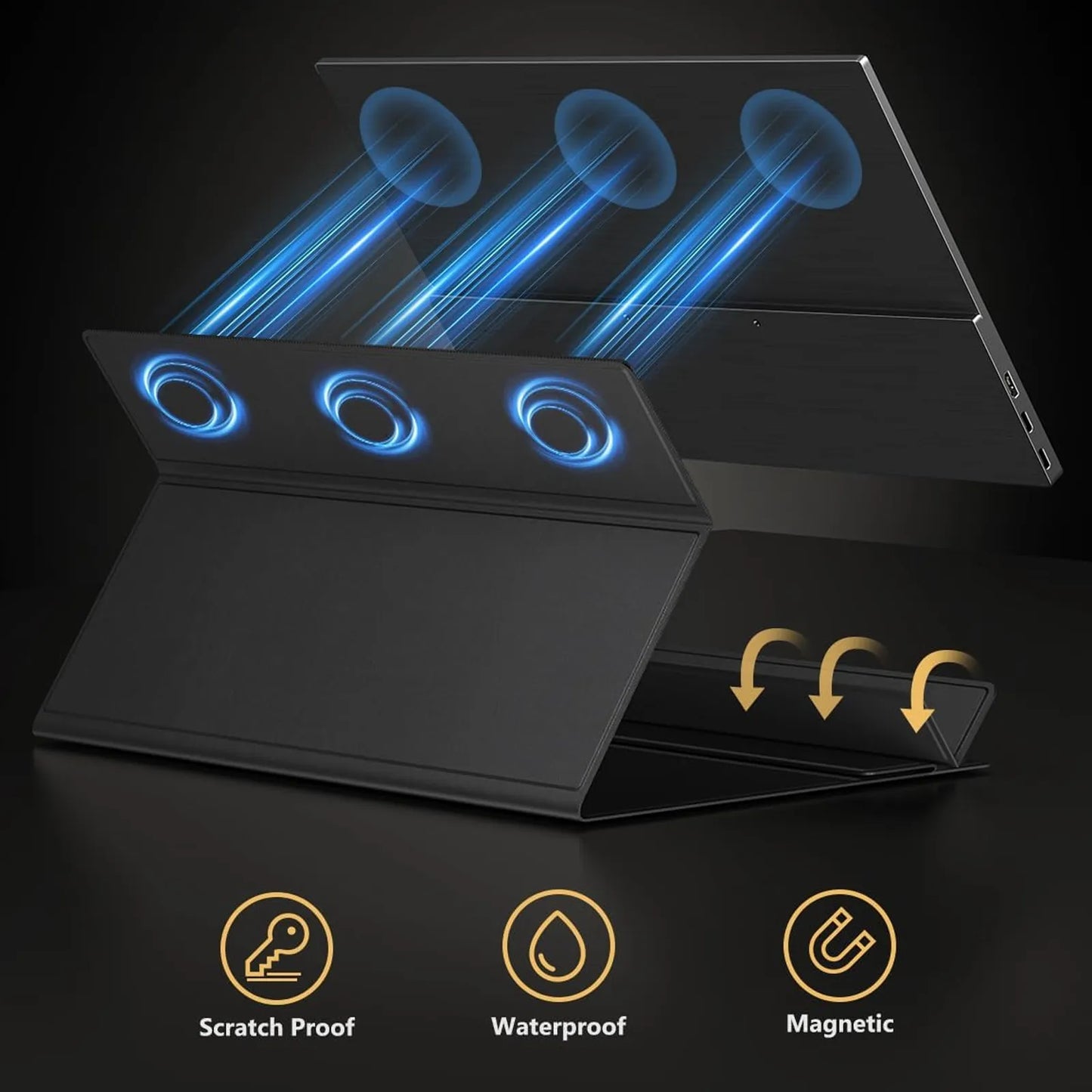 Black magnetic tablet sleeve shown open in two views on a dark background, with blue glowing fan icons indicating airflow and gold icons highlighting scratch proof, waterproof, and magnetic features.