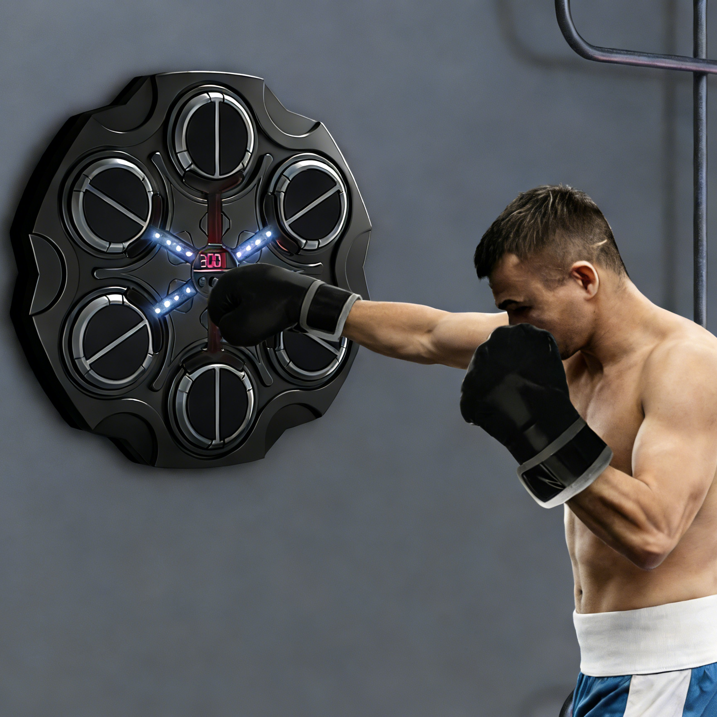 Man punching a Orizon Music Boxing Machine  bag with a gray background