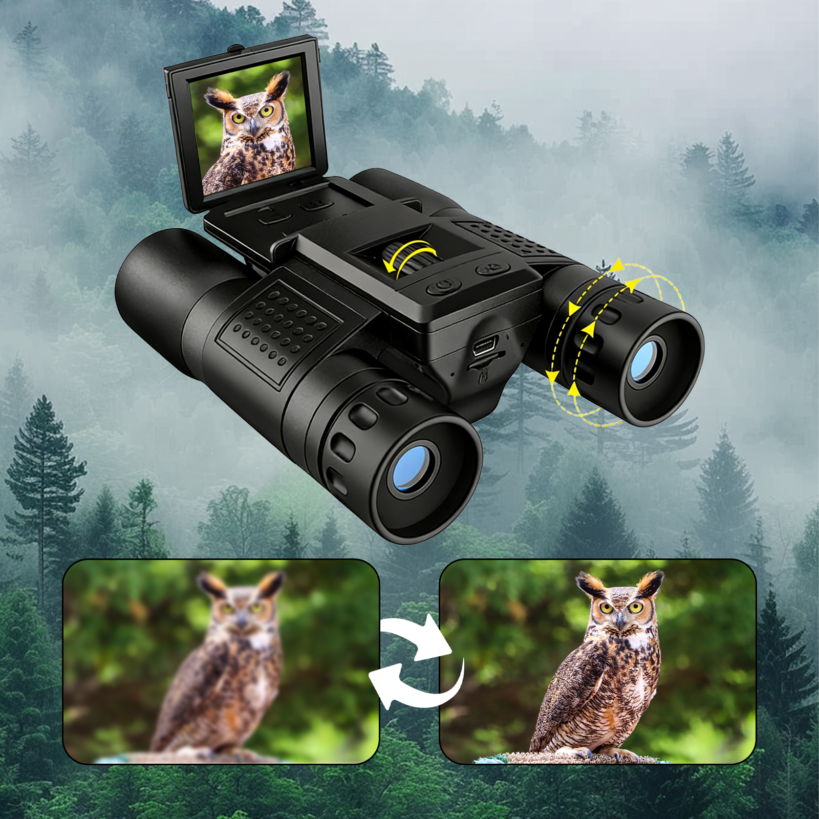 Orizon Digital Binoculars with Camera with screen displaying an owl, set against a forest background.