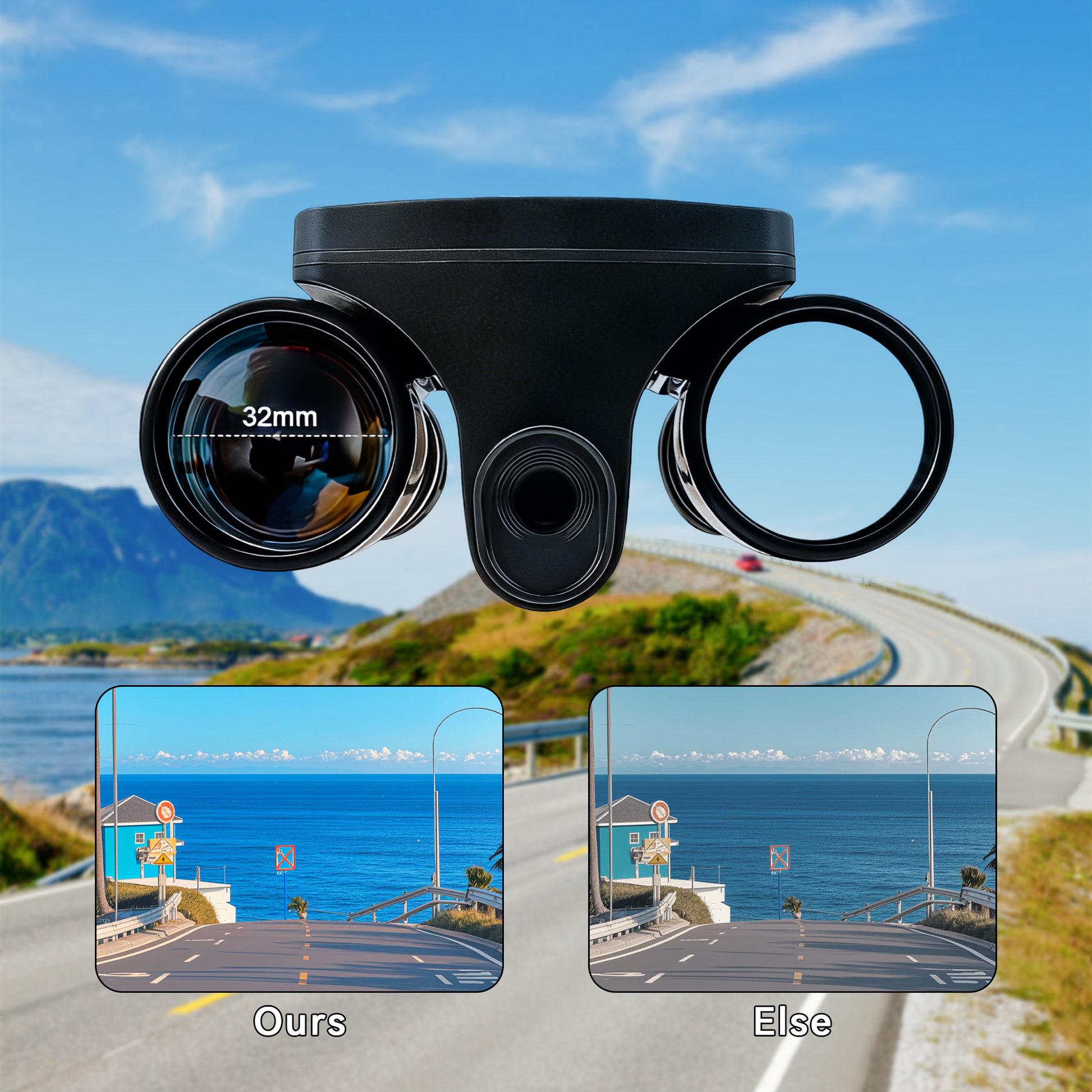 Orizon Digital Binoculars with Camera lens with specifications against a scenic road and sea background