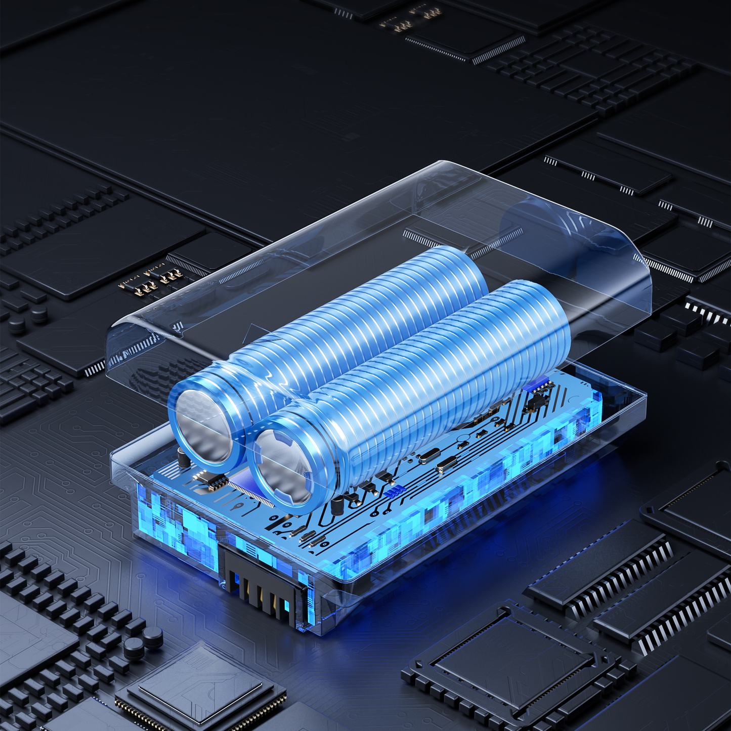 Blue Orizon Digital Binoculars batteries on a circuit board with a dark background