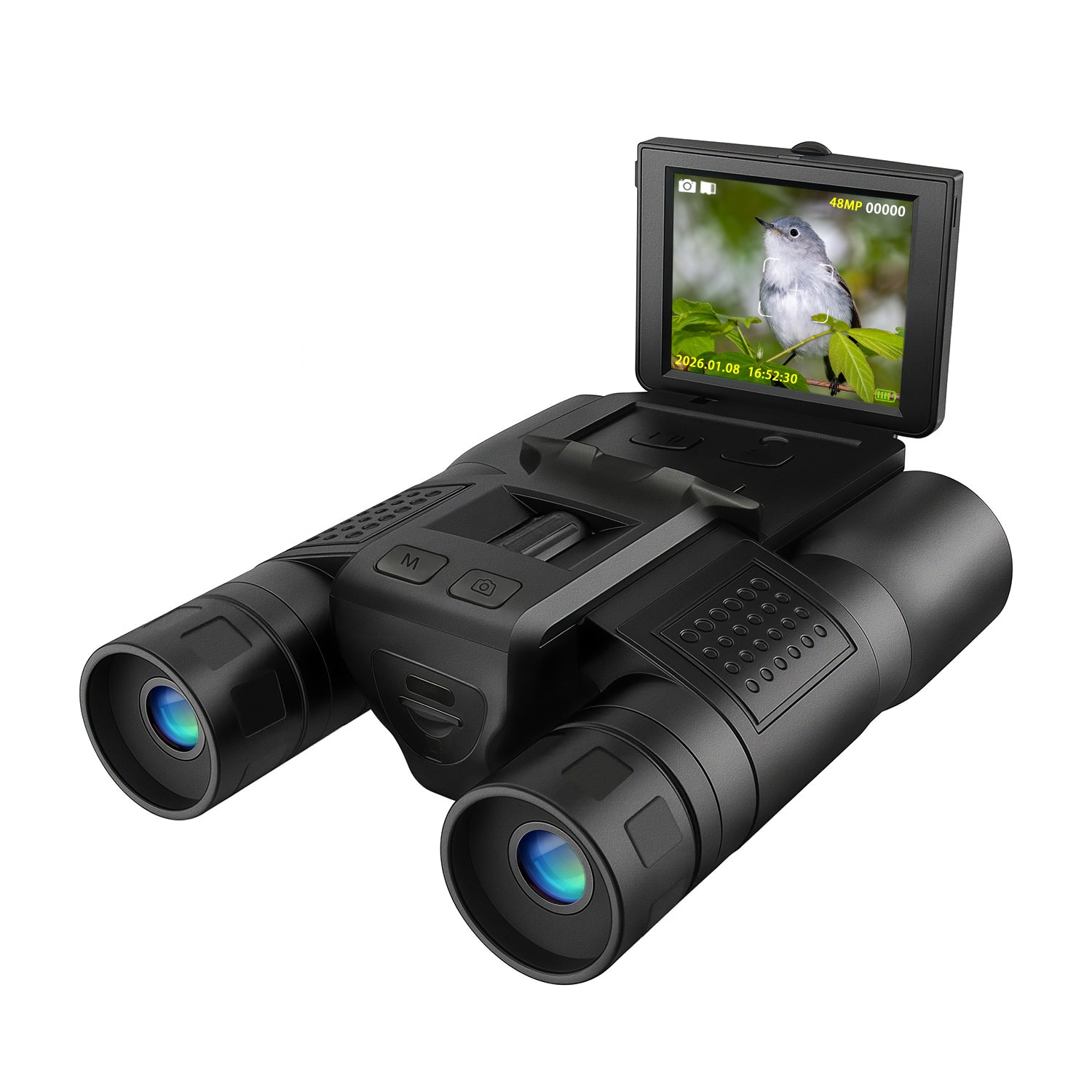 Black Orizon Digital Binoculars with Camera with digital display showing a bird on a white background