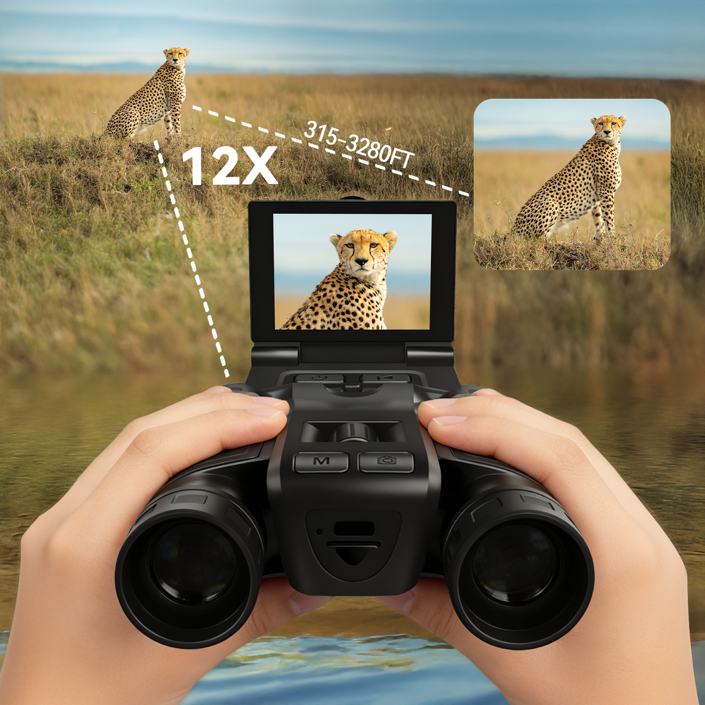 Orizon Digital Binoculars with Camera with a screen displaying a cheetah in a grassy field, with text indicating magnification and range.
