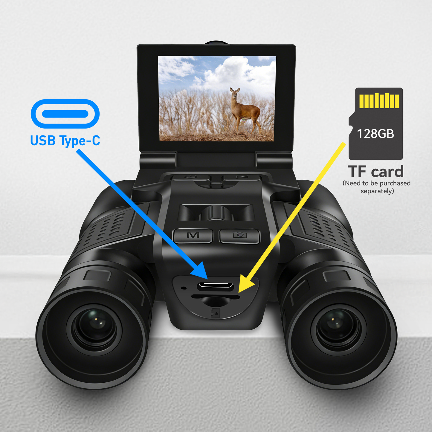 Black Orizon Digital Binoculars with Camera with digital display, USB Type-C connection, and 128GB TF card slot on a light gray background.