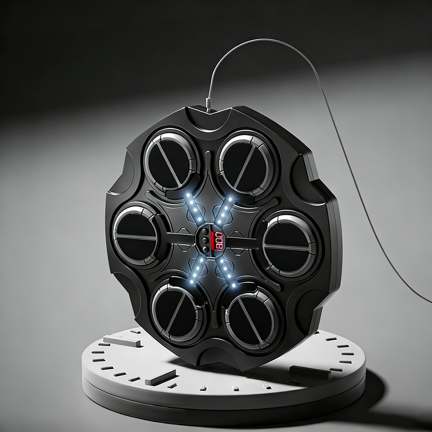 Black circular Orizon Music Boxing Machine with multiple compartments on a gray background
