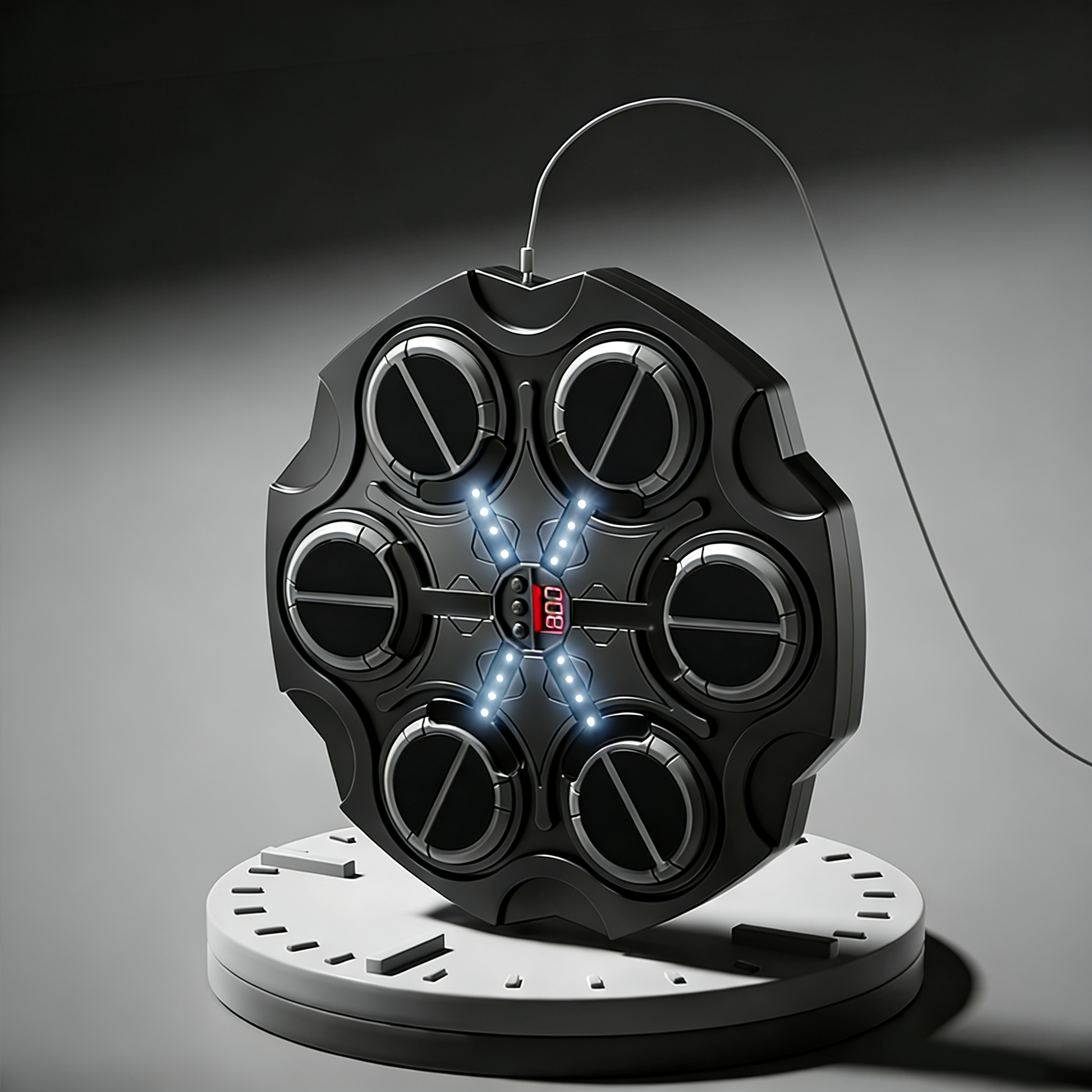 Black circular Orizon Music Boxing Machine with multiple compartments on a gray background