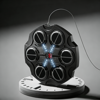 Black circular Orizon Music Boxing Machine with multiple compartments on a gray background