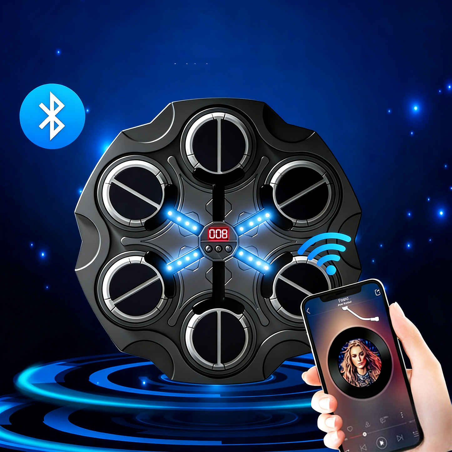 Round Orizon Music Boxing Machine with Bluetooth symbol and smartphone displaying app interface on a dark blue background