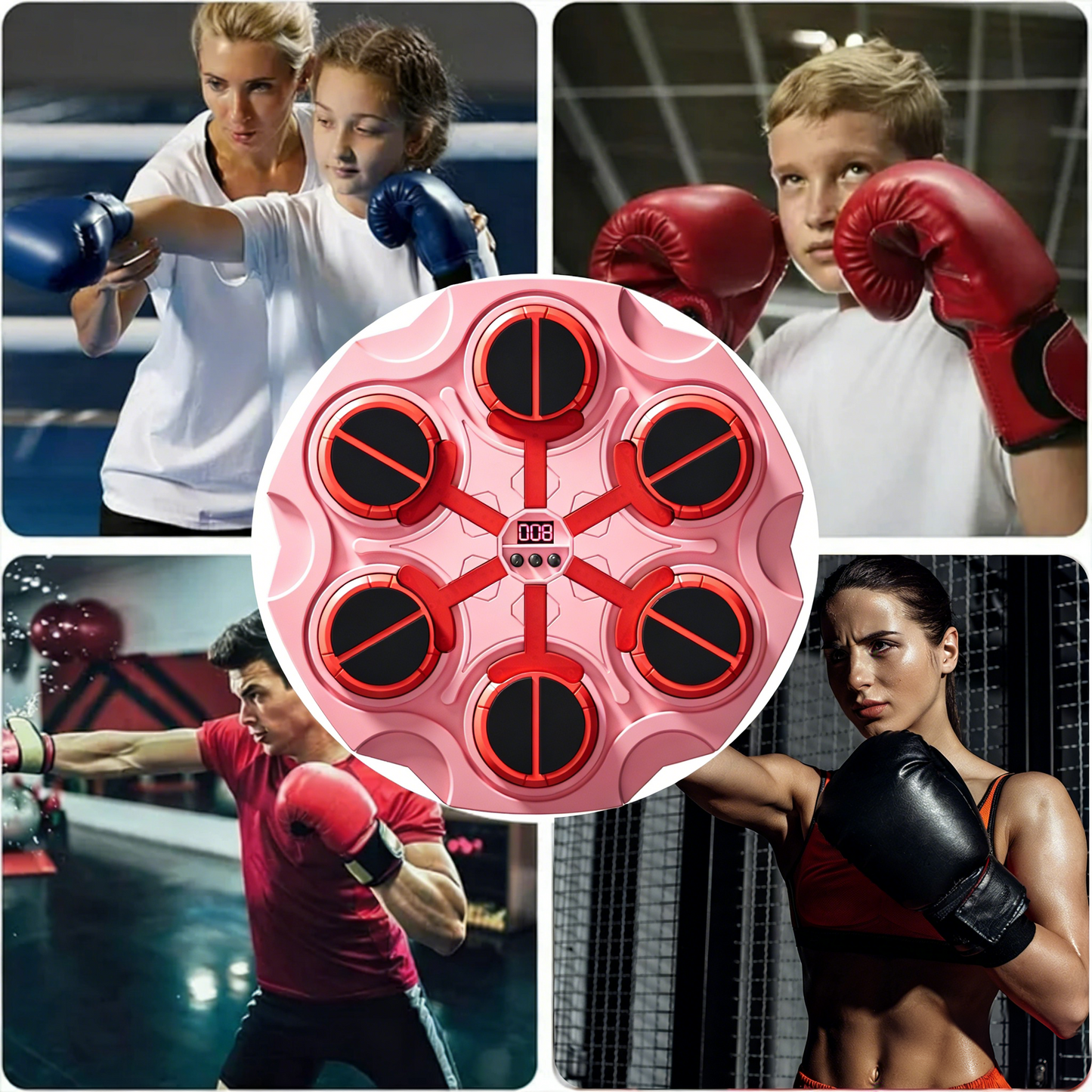 Collage of people wearing boxing gloves with a close-up of a pink and red Orizon Music Boxing Machine in the center.