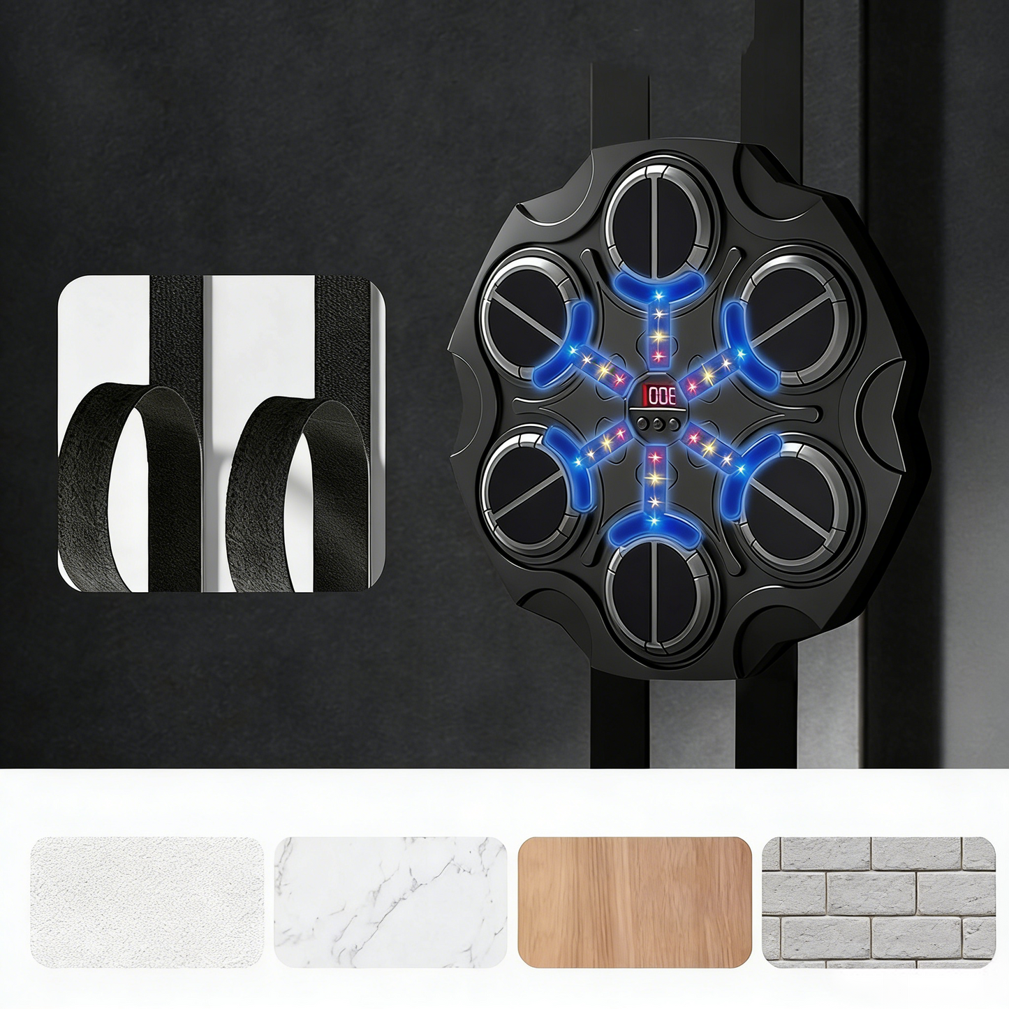 Decorative wall hook with LED lights on a dark background, featuring marble, wood, and stone texture options below.