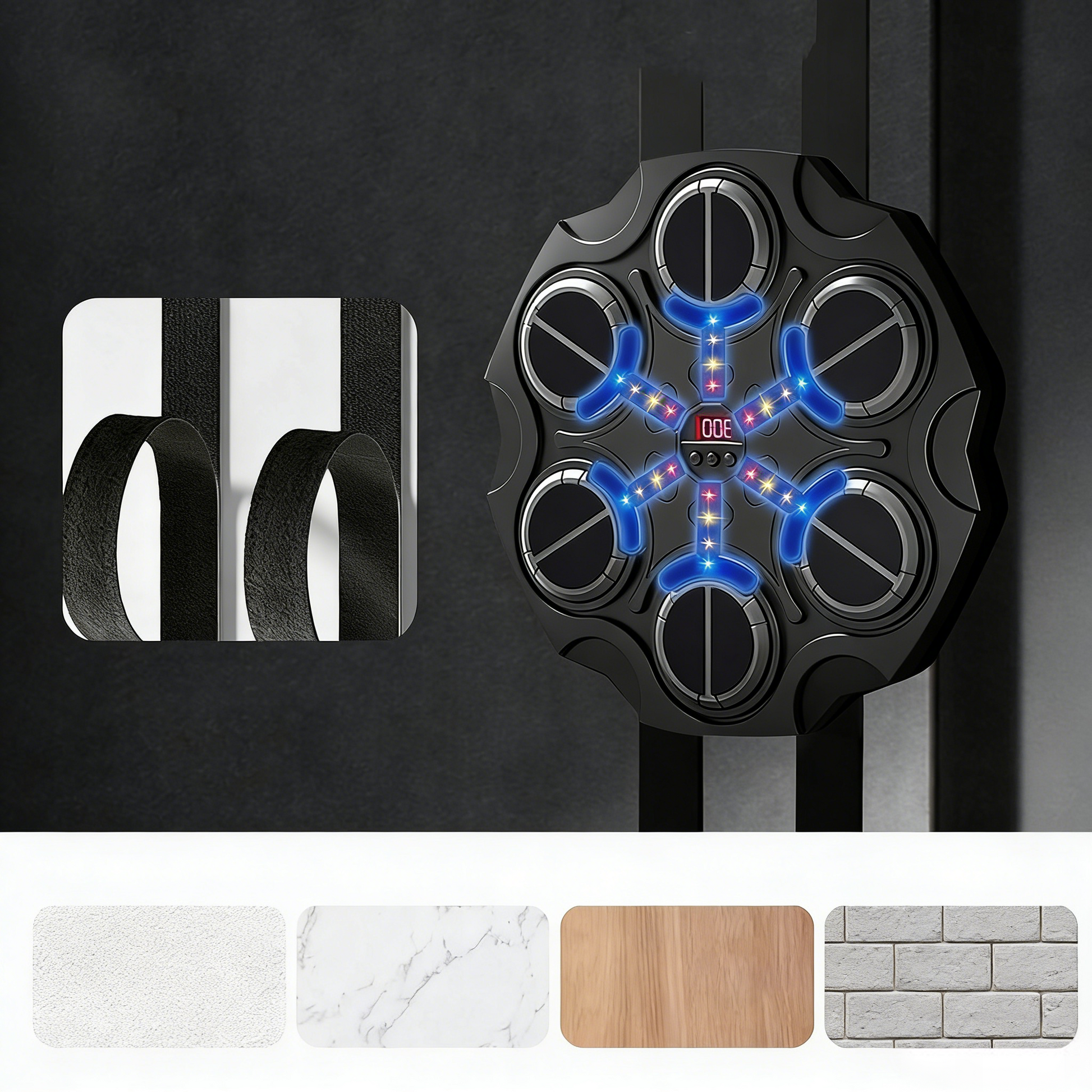 Decorative wall hook with LED lights on a dark background, featuring marble, wood, and stone texture options below.