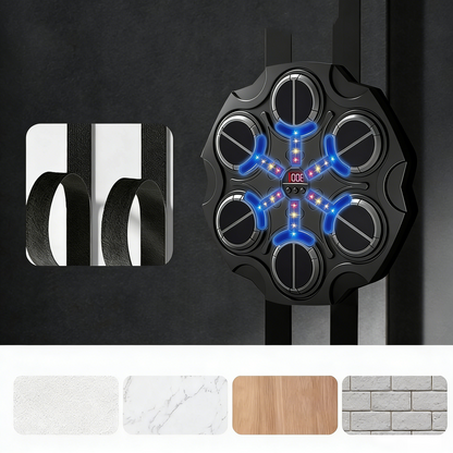 Decorative wall hook with LED lights on a dark background, featuring marble, wood, and stone texture options below.