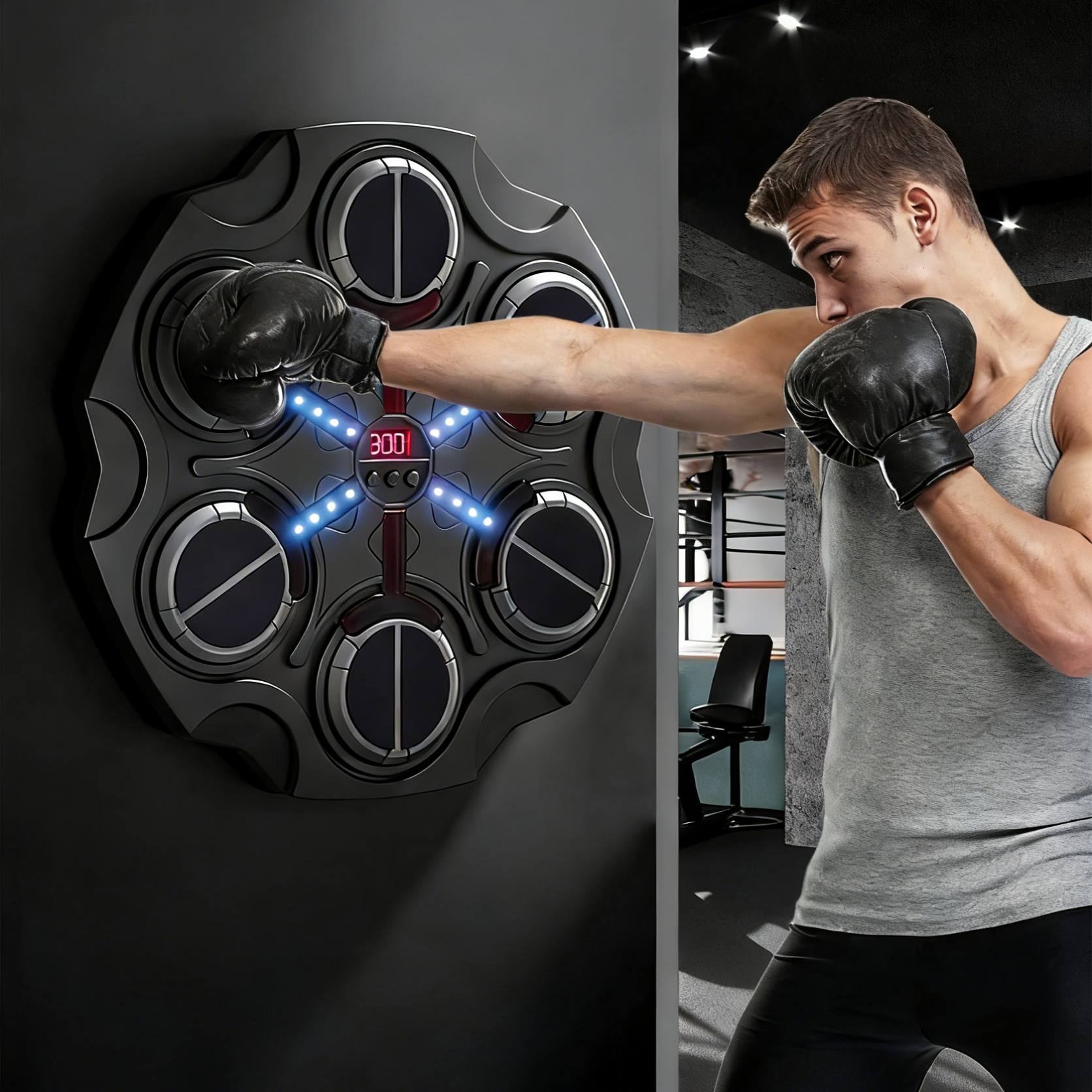 Person wearing boxing gloves hitting a punching bag with digital display in a gym setting