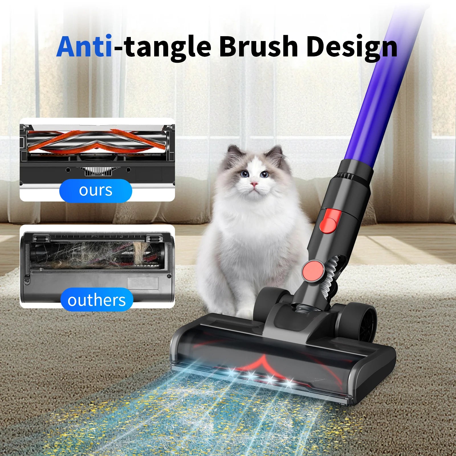 Oryzom Cordless Vacuum V1 Ultra  with anti-tangle brush design, cat sitting on floor, comparison with 'others' brand.