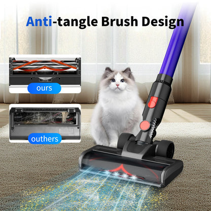 Oryzom Cordless Vacuum V1 Ultra  with anti-tangle brush design, cat sitting on floor, comparison with 'others' brand.