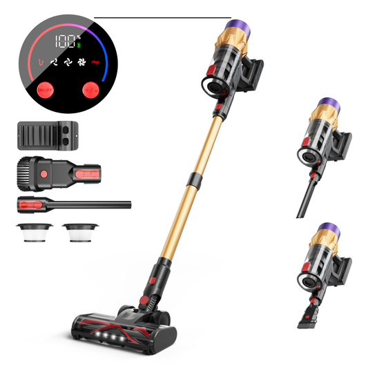 Collage of a Oryzom Cordless Vacuum P20 with attachments on a white background