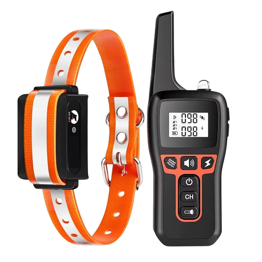 Orange and white PawGofu Dog Shock Collar with a black remote control on a white background
