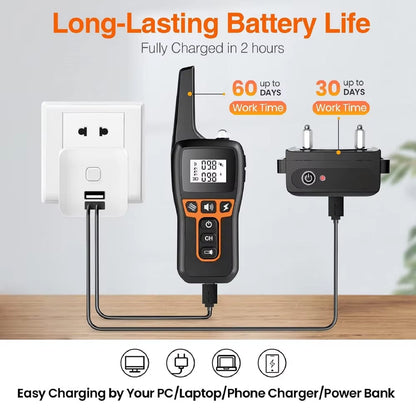 Dog training PawGofu Dog Shock Collar with charging cable, wall outlet, and text about battery life on a light gray background.