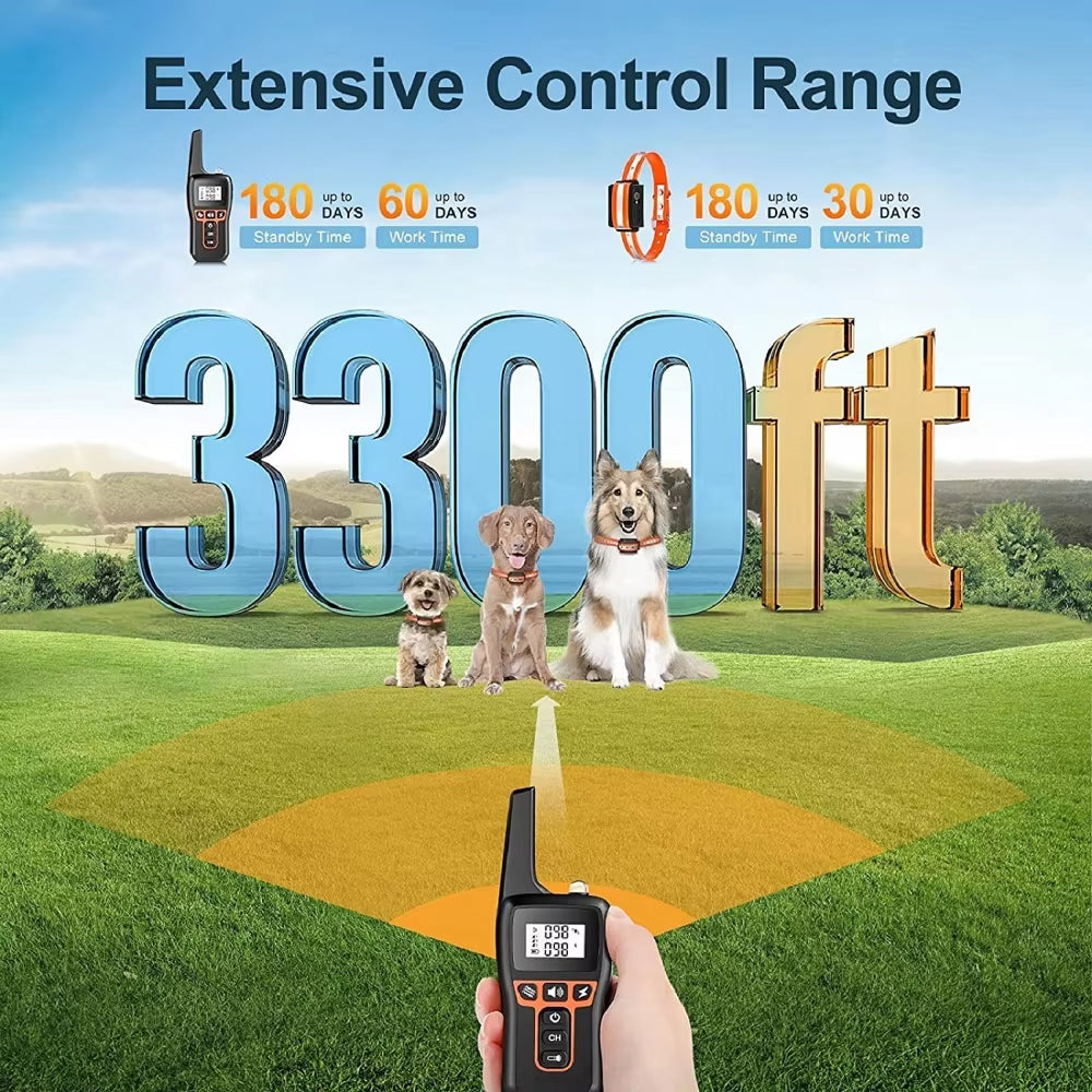 Dog training PawGofu Dog Shock Collar with control range display on a grassy field