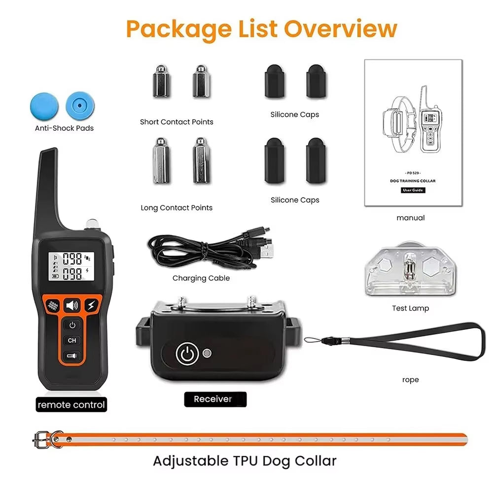 Package list overview of a dog training PawGofu Dog Shock Collar system with remote control, receiver, and accessories.