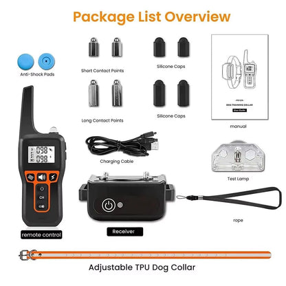Package list overview of a dog training PawGofu Dog Shock Collar system with remote control, receiver, and accessories.