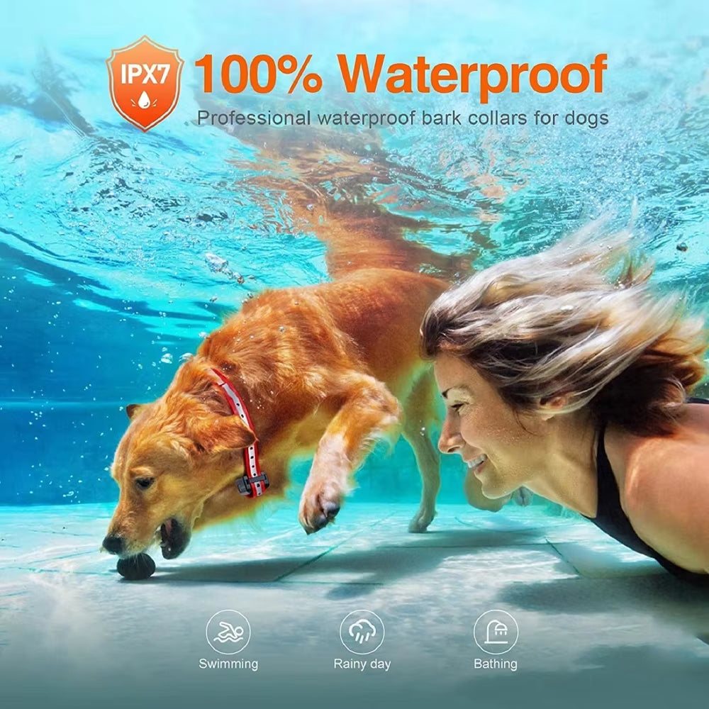 Dog wearing a waterproof PawGofu Dog Shock Collar swimming underwater with a woman, with text about the product's features.