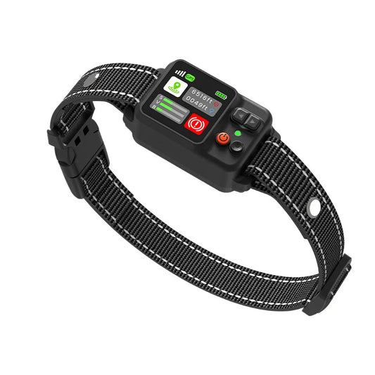 Black electronic PawTisix GPS Dog Trackerr with digital display on a white background