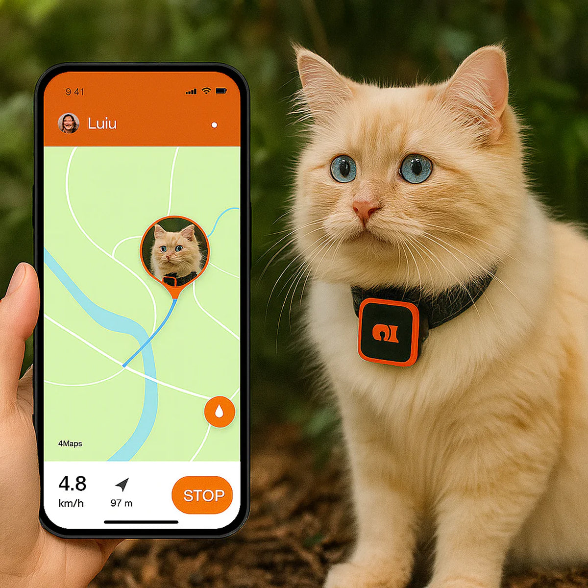Cat wearing a GPS collar with a smartphone displaying the app interface.