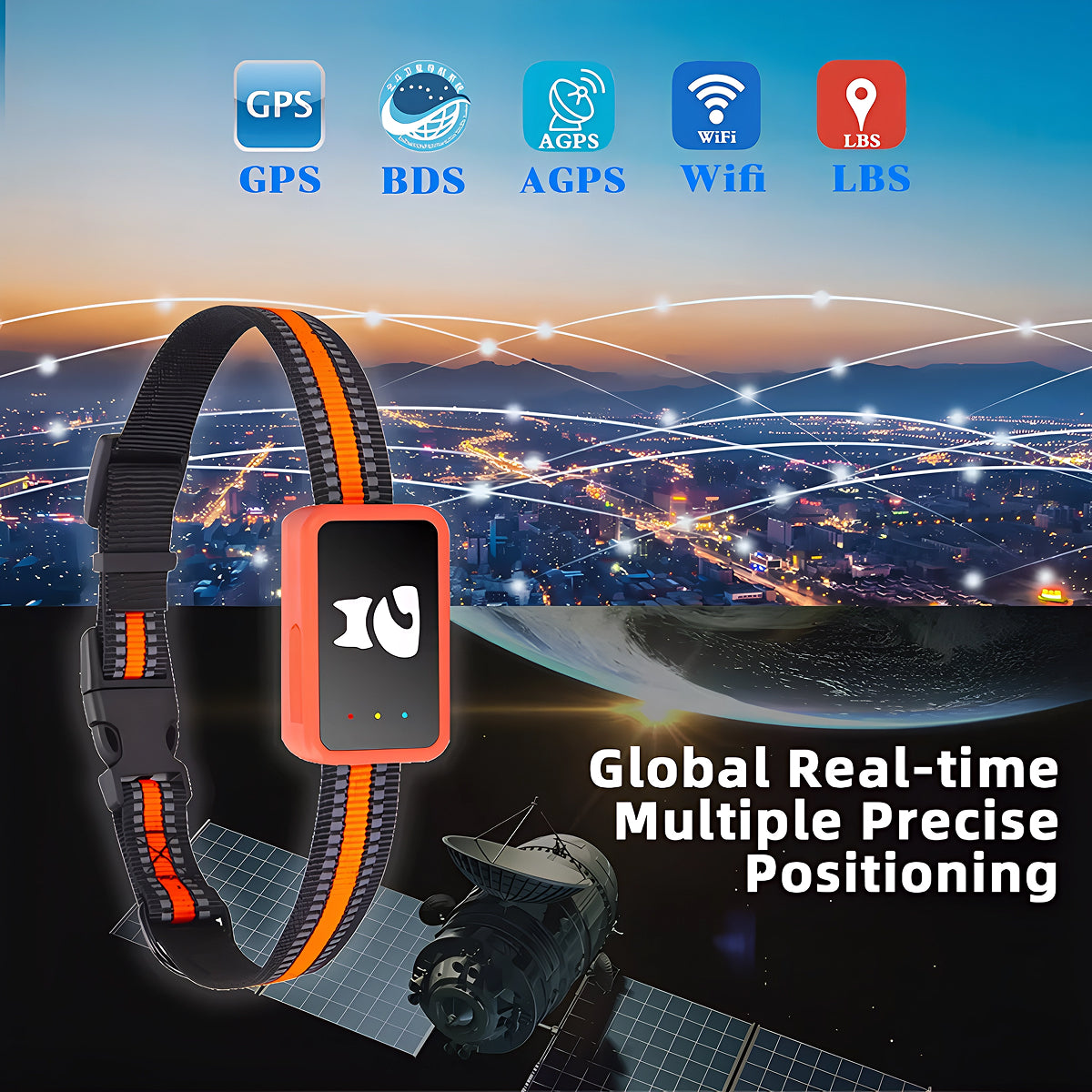 PawiSition Cat GPS Tracker with GPS technology on a cityscape background