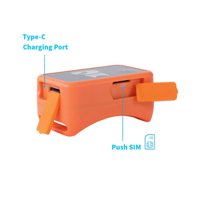 Orange device with Type-C charging port and push SIM feature on a white background