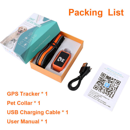 Packing list of a PawiSition Cat GPS Tracker with pet collar, USB charging cable, and user manual on a white background.